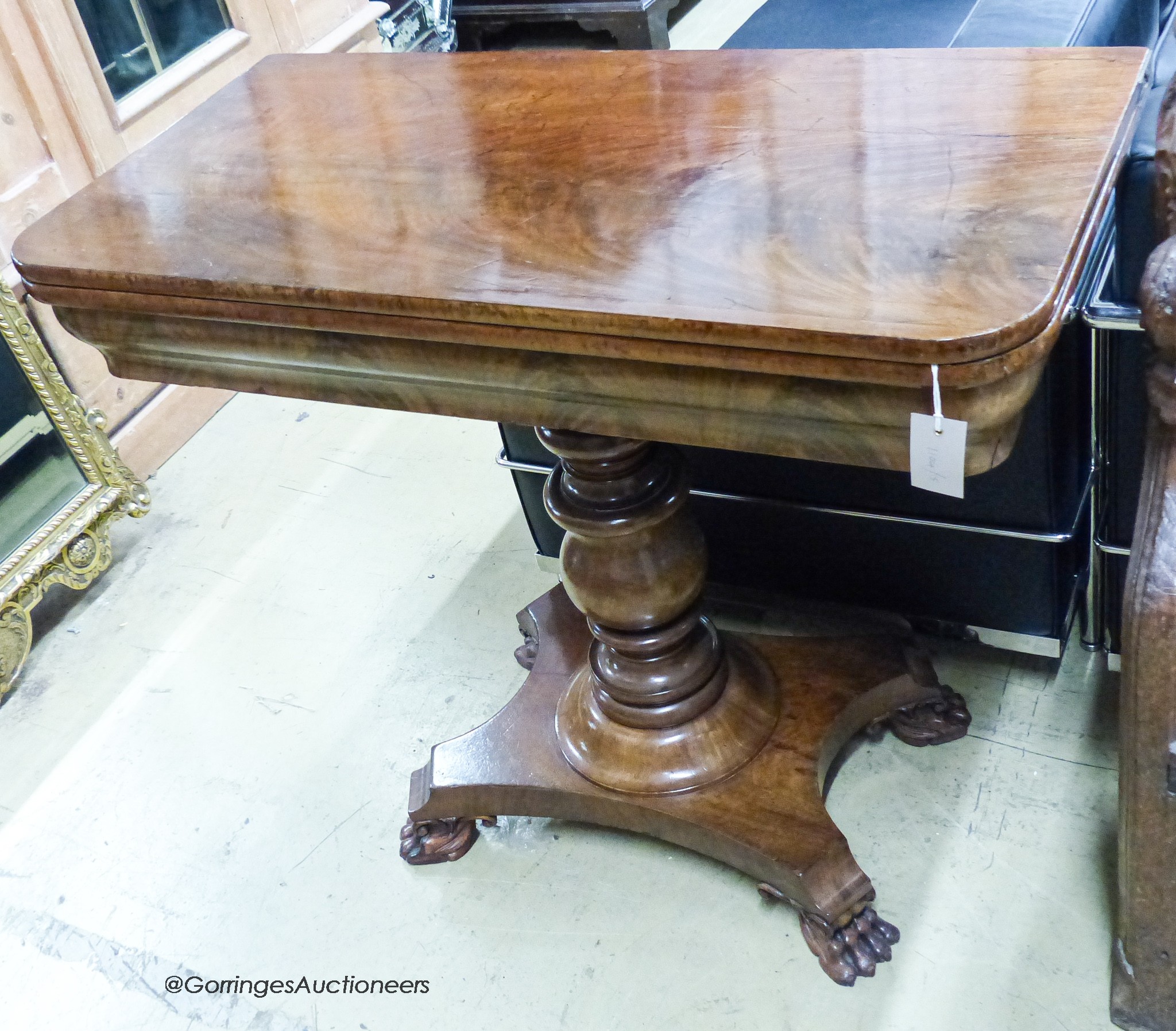 A 19th century rectangular mahogany folding card table, width 89cm, depth 44cm, height 78cm